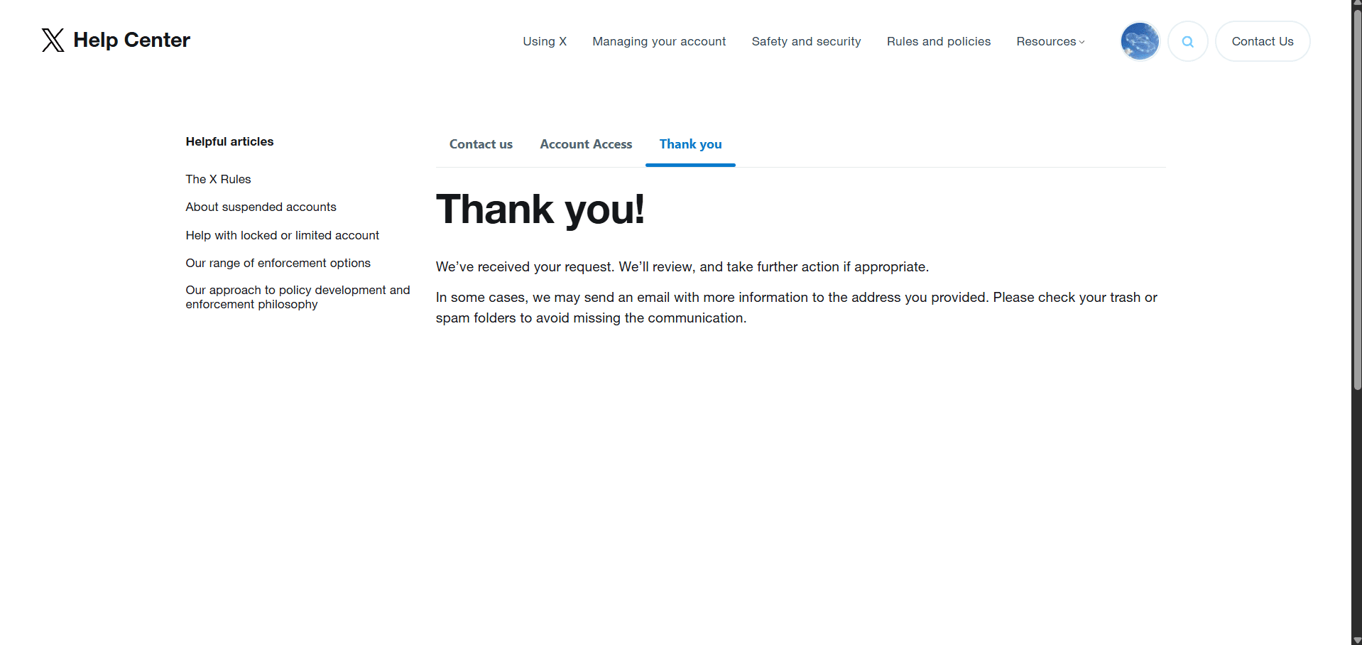 X Help Center confirmation that the appeal was received